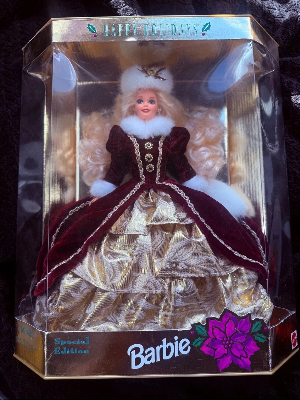 1996 Happy Holidays Barbie Burgundy, White & Gold Holiday Velvet Doll #Barbie